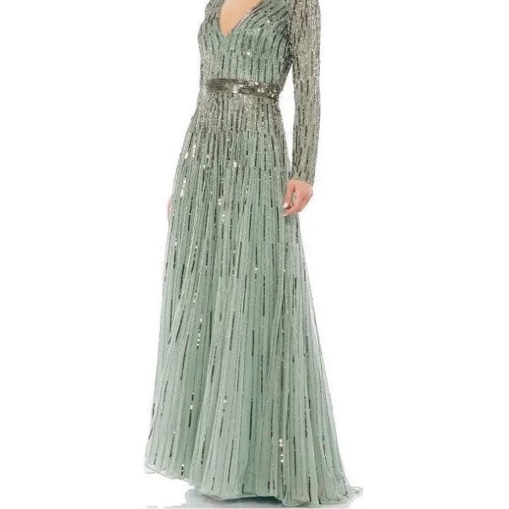 Mac Duggal Pale Sage Beaded Long Sleeve V-Neck Gown